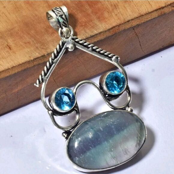 Fluorite Blue Topaz Ethnic Handmade Pendant Jewelry 2.6" - Picture 4 of 4